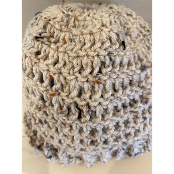 Hand Knitted Cozy Small Beanie Boho Hat Tan Variegated Yarn Thick & Warm - Picture 8 of 8